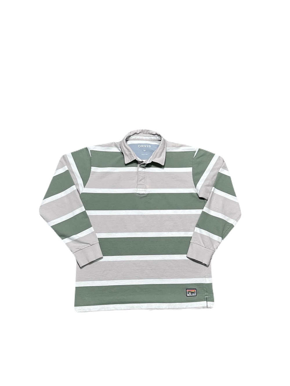 Orvis Men's Rugby Shirt Striped Long Sleeves Green Medium 100% Cotton